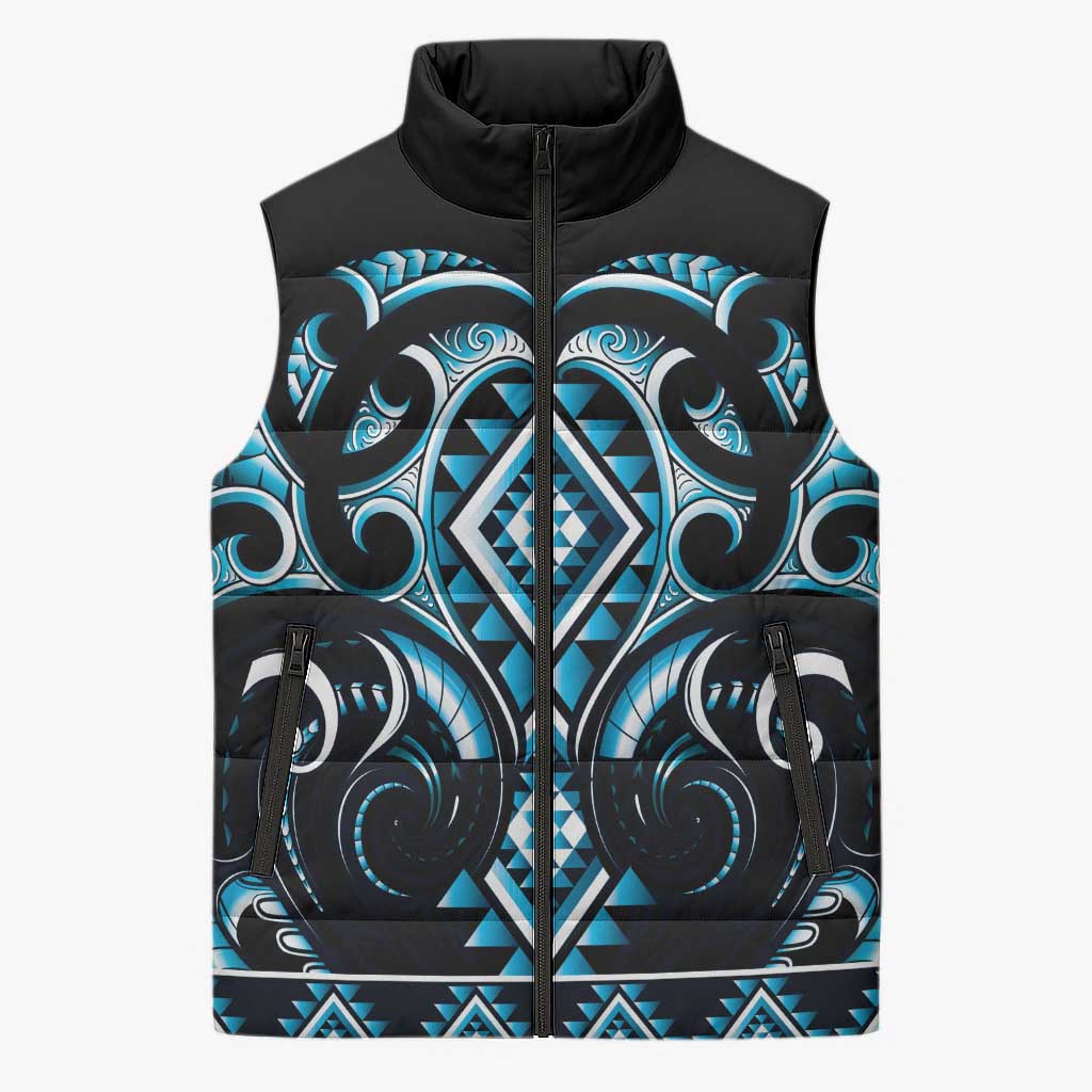 Blue Ngaru Taniko With Aotearoa Maori Tattoo Sleeveless Puffer Jacket - Polynesian Pride