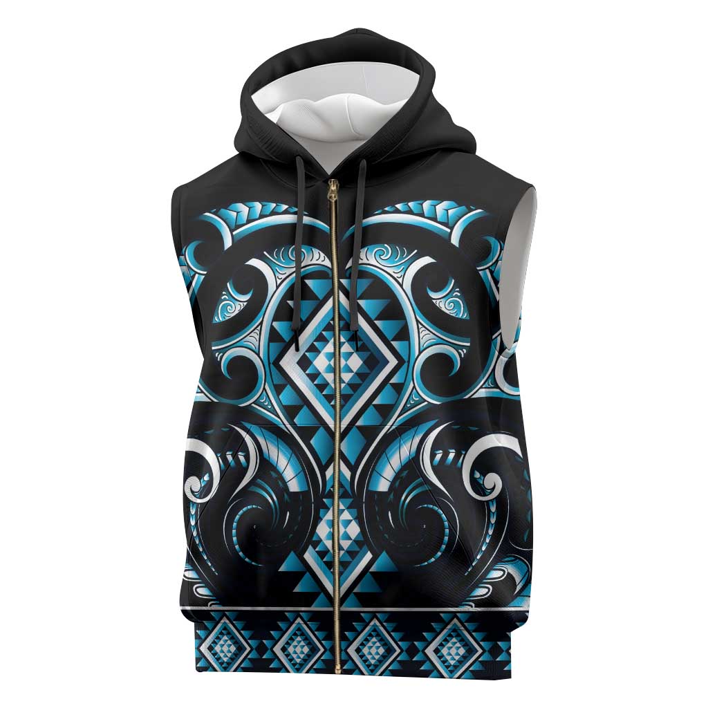 Blue Ngaru Taniko With Aotearoa Maori Tattoo Sleeveless Zip Hoodie - Polynesian Pride
