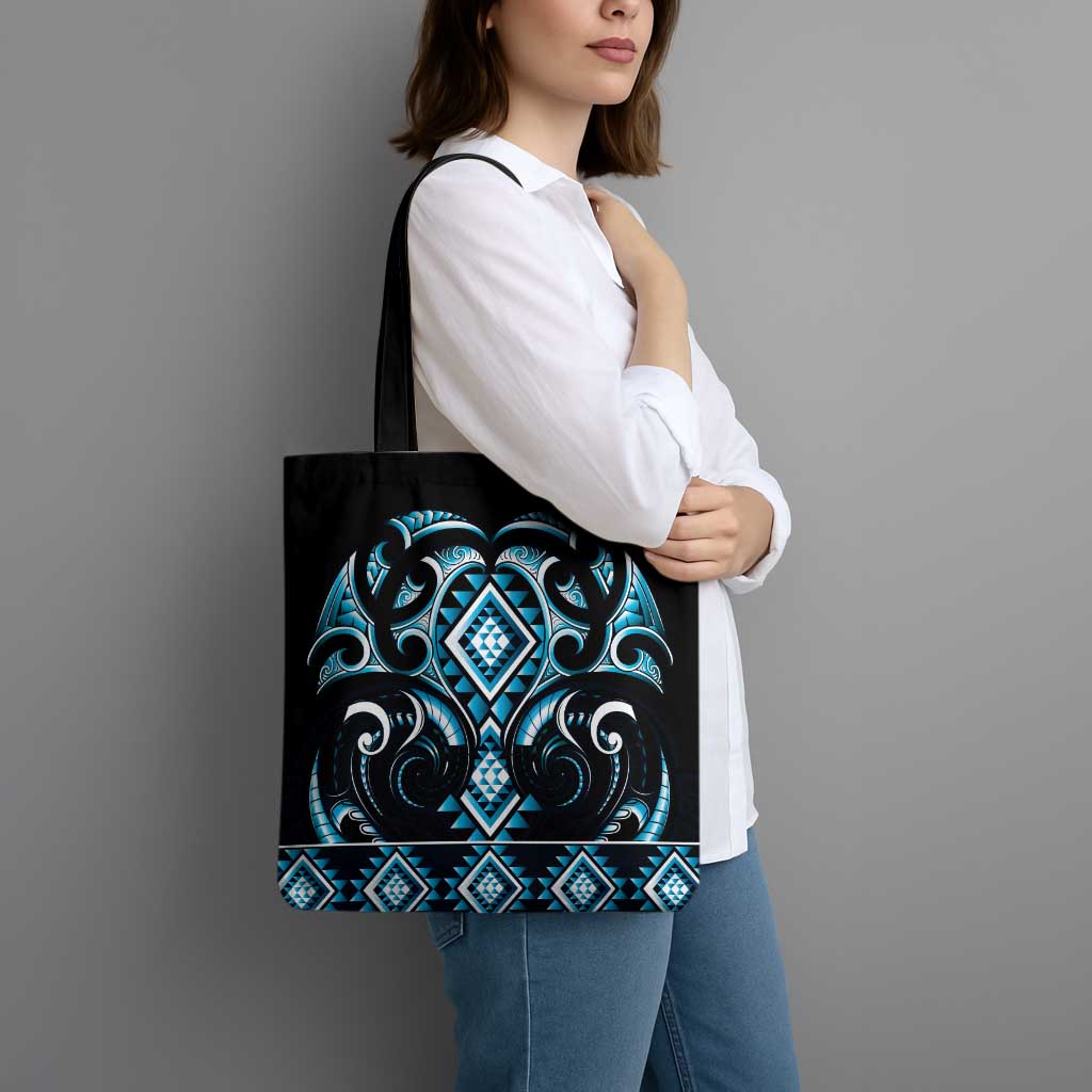 Blue Ngaru Taniko With Aotearoa Maori Tattoo Tote Bag - Polynesian Pride