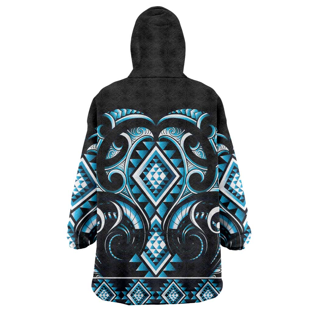 Blue Ngaru Taniko With Aotearoa Maori Tattoo Wearable Blanket Hoodie