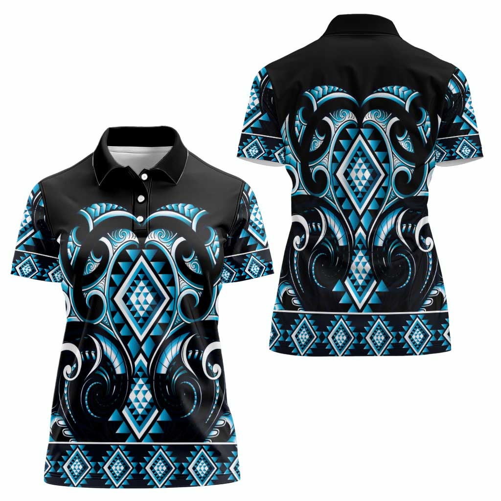 Blue Ngaru Taniko With Aotearoa Maori Tattoo Women Polo Shirt