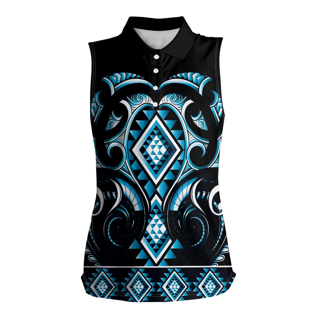 Blue Ngaru Taniko With Aotearoa Maori Tattoo Women Sleeveless Polo Shirt