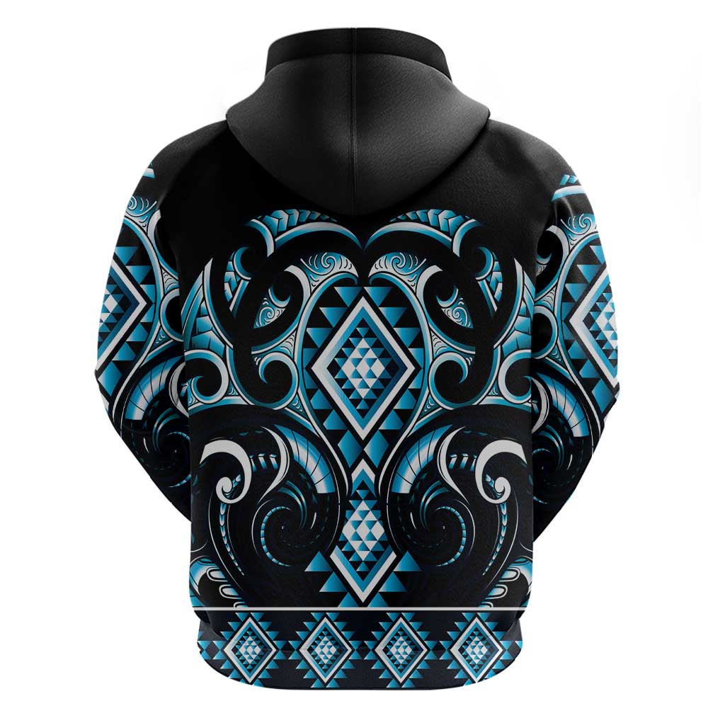 Blue Ngaru Taniko With Aotearoa Maori Tattoo Zip Hoodie