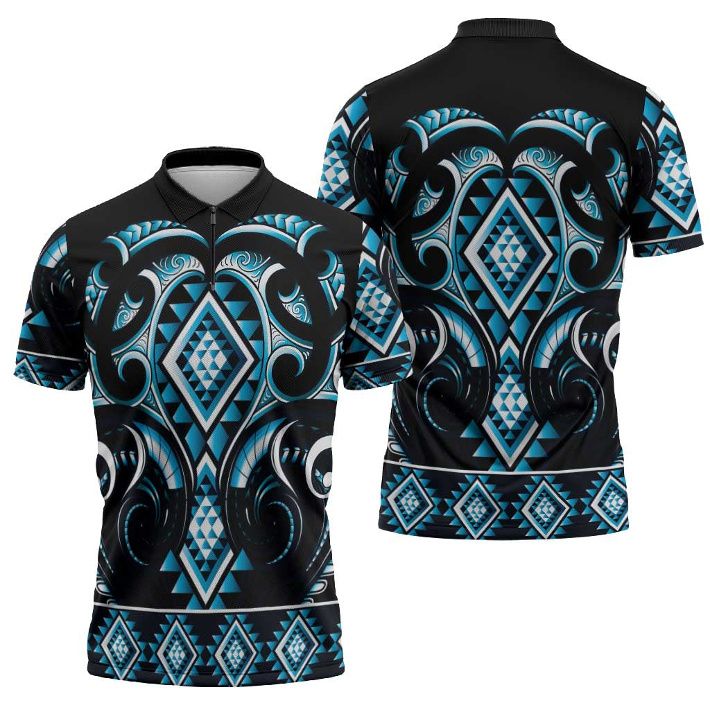 Blue Ngaru Taniko With Aotearoa Maori Tattoo Zipper Polo Shirt - Polynesian Pride