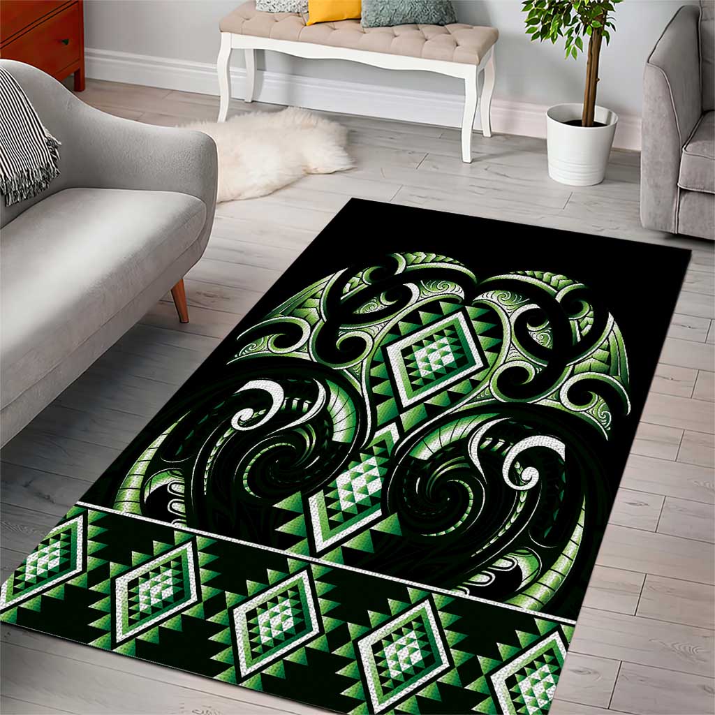 Green Ngaru Taniko With Aotearoa Maori Tattoo Area Rug