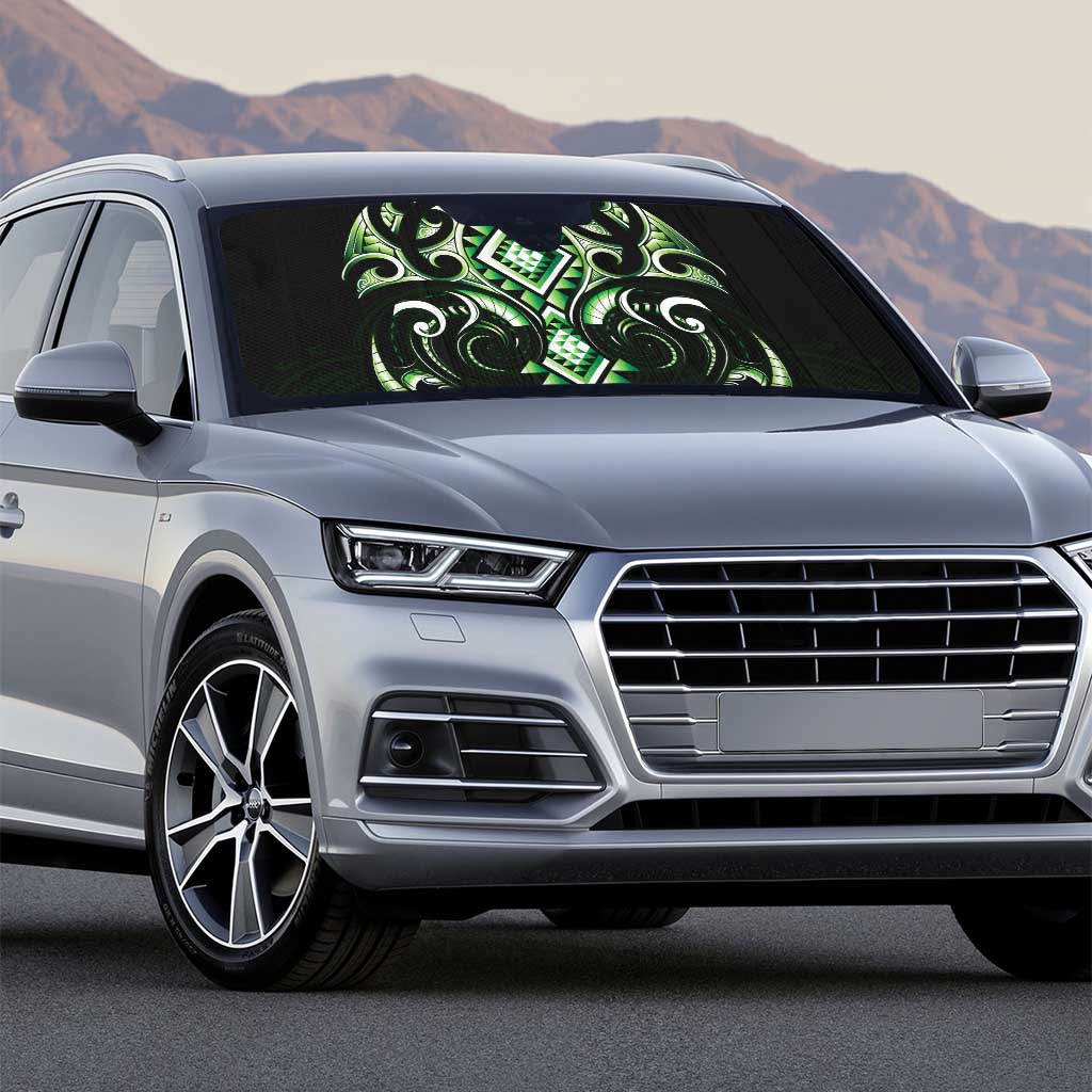 Green Ngaru Taniko With Aotearoa Maori Tattoo Auto Sun Shade - Polynesian Pride