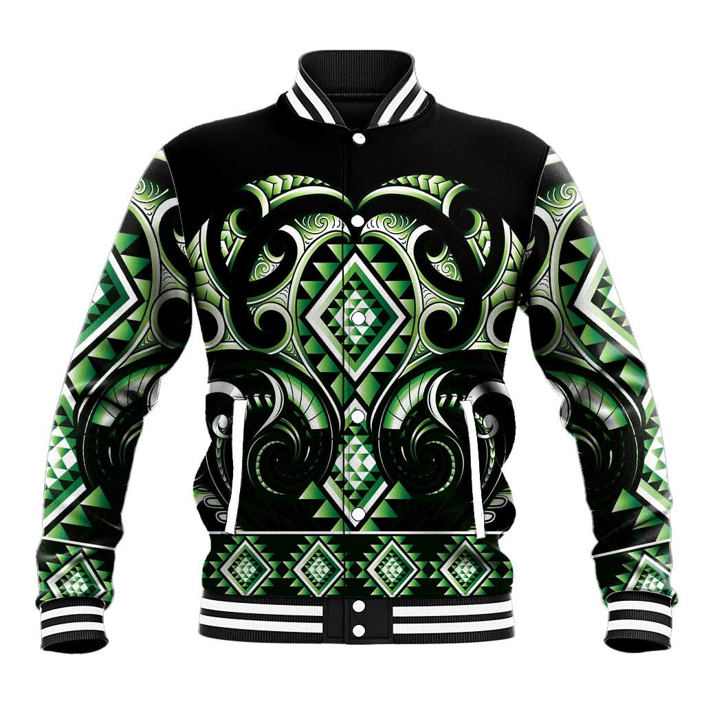 Green Ngaru Taniko With Aotearoa Maori Tattoo Baseball Jacket LT14 Unisex Green - Polynesian Pride