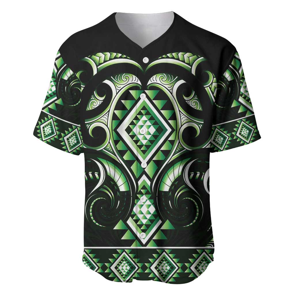 Green Ngaru Taniko With Aotearoa Maori Tattoo Baseball Jersey LT14 Green - Polynesian Pride