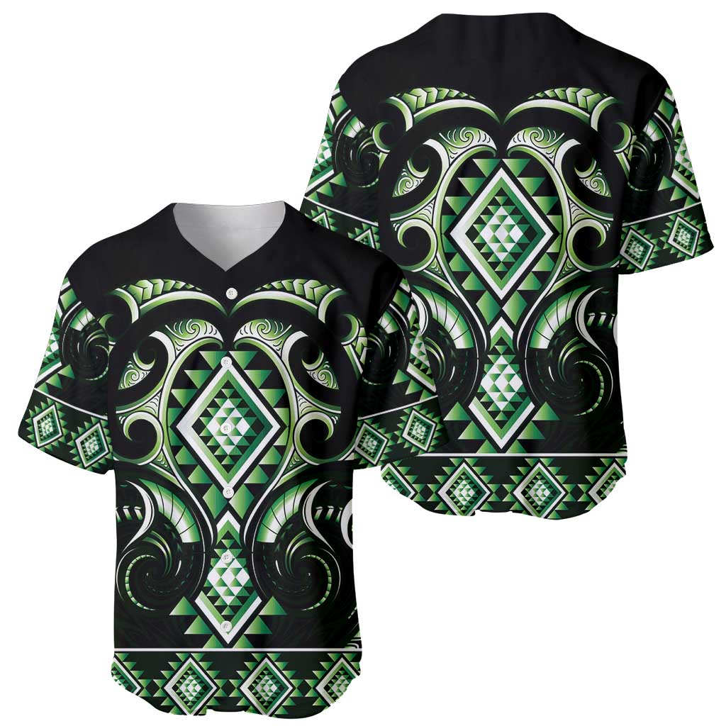 Green Ngaru Taniko With Aotearoa Maori Tattoo Baseball Jersey LT14 - Polynesian Pride