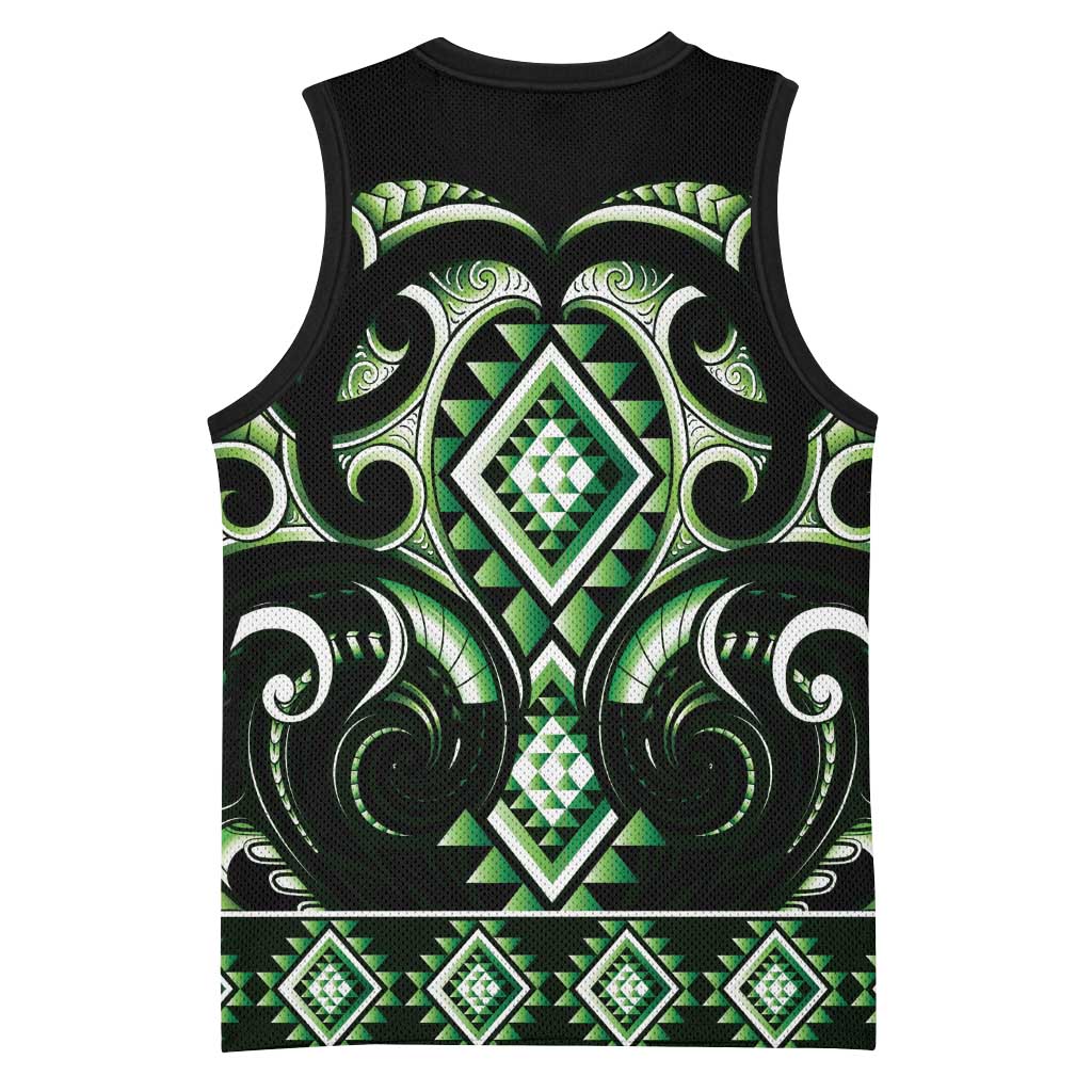 Green Ngaru Taniko With Aotearoa Maori Tattoo Basketball Jersey - Polynesian Pride