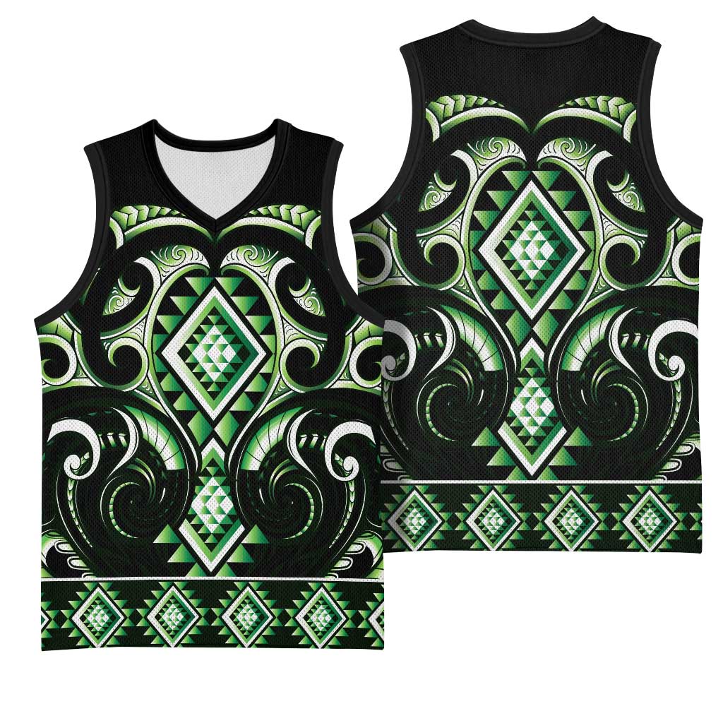 Green Ngaru Taniko With Aotearoa Maori Tattoo Basketball Jersey - Polynesian Pride