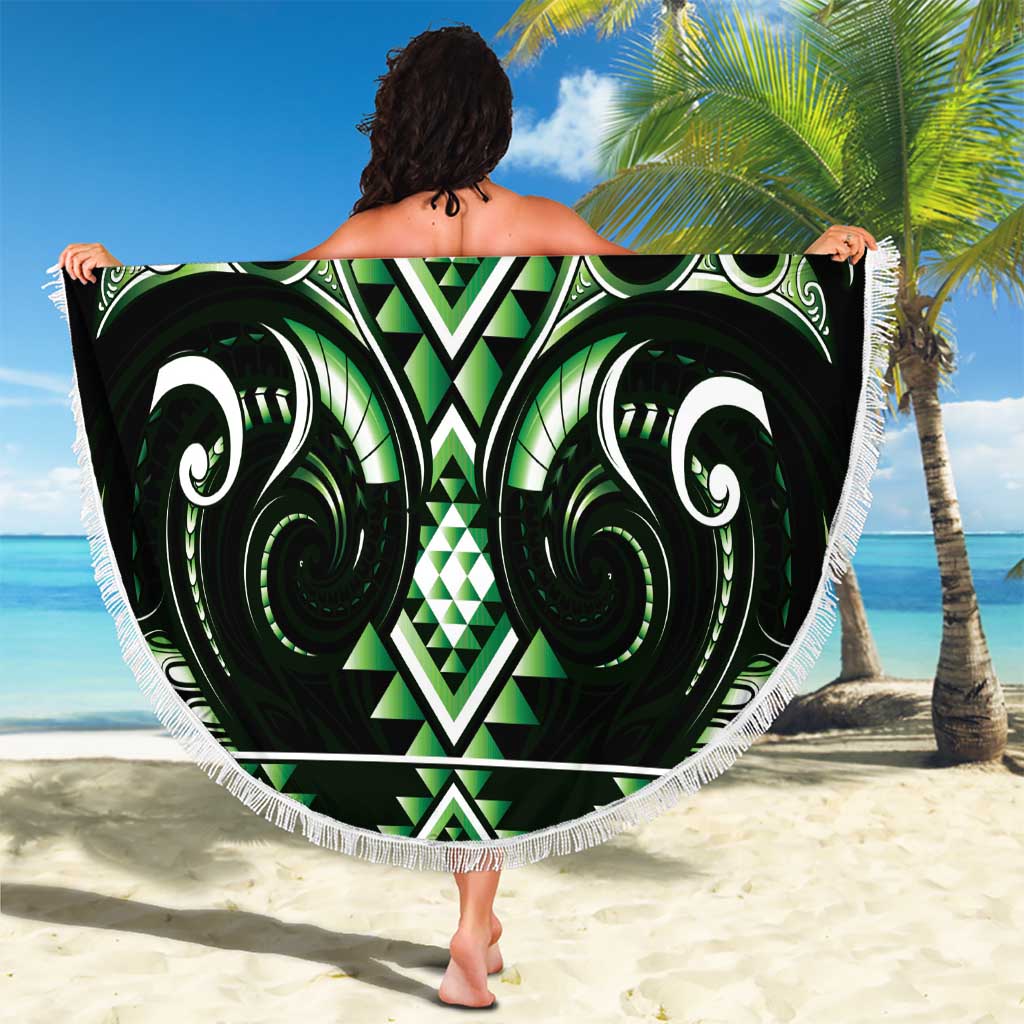 Green Ngaru Taniko With Aotearoa Maori Tattoo Beach Blanket