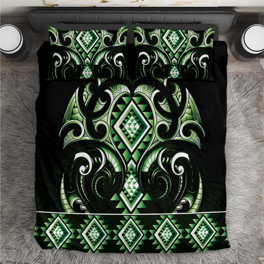 Green Ngaru Taniko With Aotearoa Maori Tattoo Bedding Set