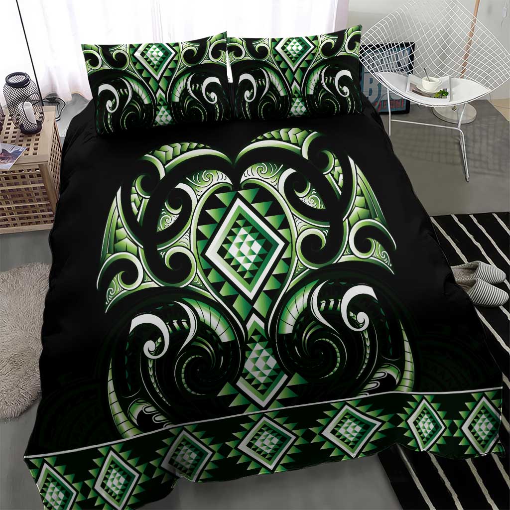 Green Ngaru Taniko With Aotearoa Maori Tattoo Bedding Set