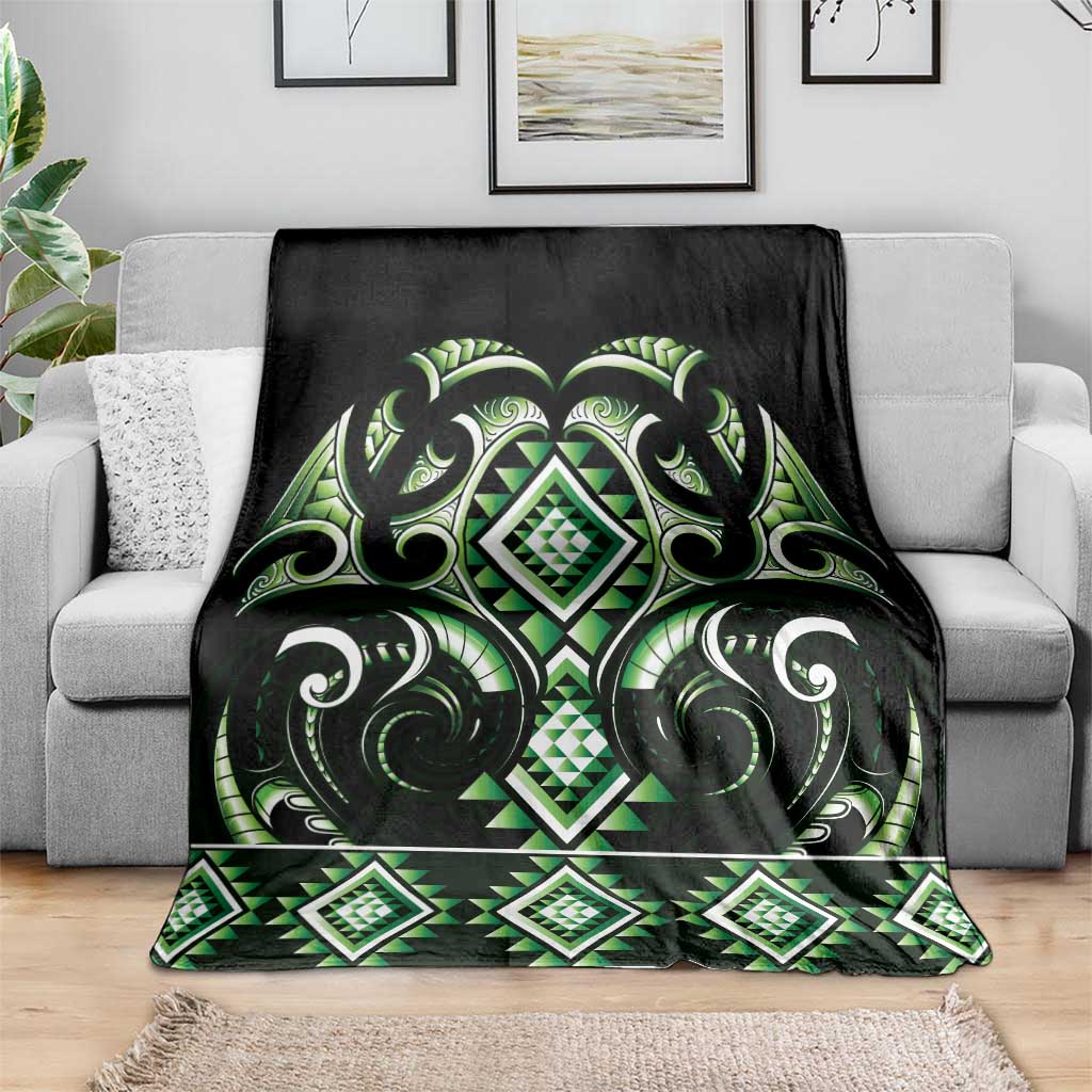 Green Ngaru Taniko With Aotearoa Maori Tattoo Blanket