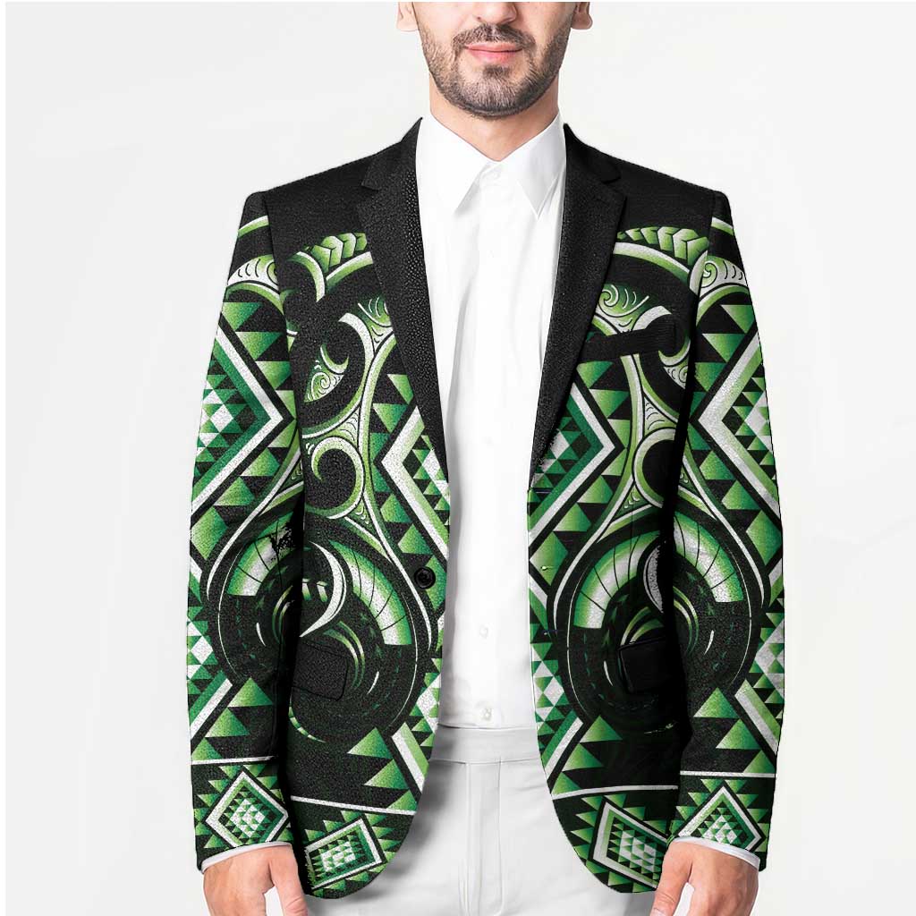 Green Ngaru Taniko With Aotearoa Maori Tattoo Blazer LT14 - Polynesian Pride