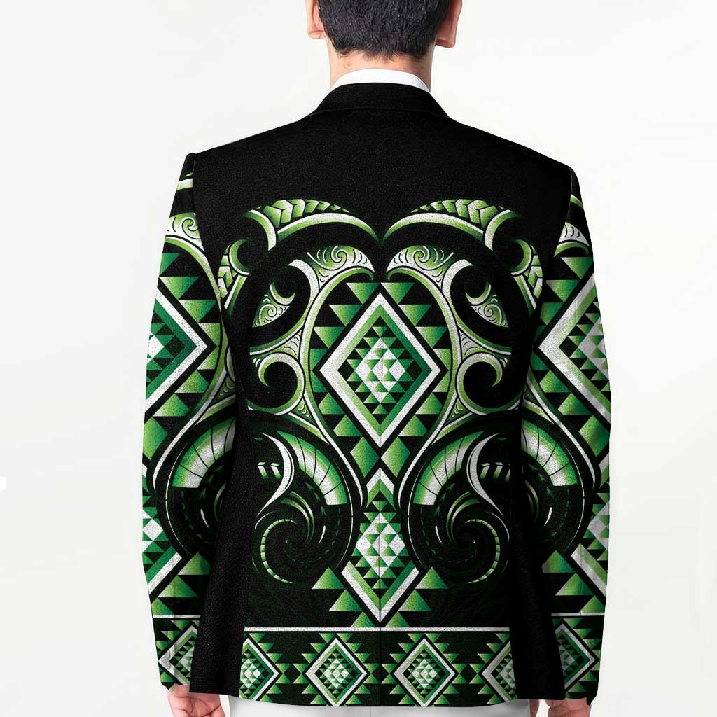Green Ngaru Taniko With Aotearoa Maori Tattoo Blazer LT14 - Polynesian Pride