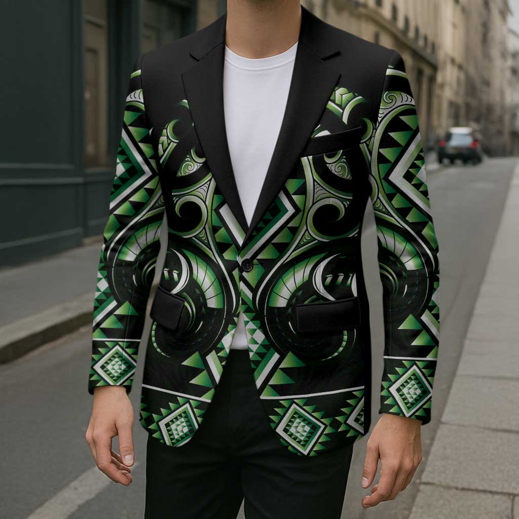 Green Ngaru Taniko With Aotearoa Maori Tattoo Blazer LT14 - Polynesian Pride