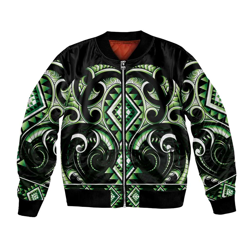 Green Ngaru Taniko With Aotearoa Maori Tattoo Bomber Jacket LT14 Unisex Green - Polynesian Pride