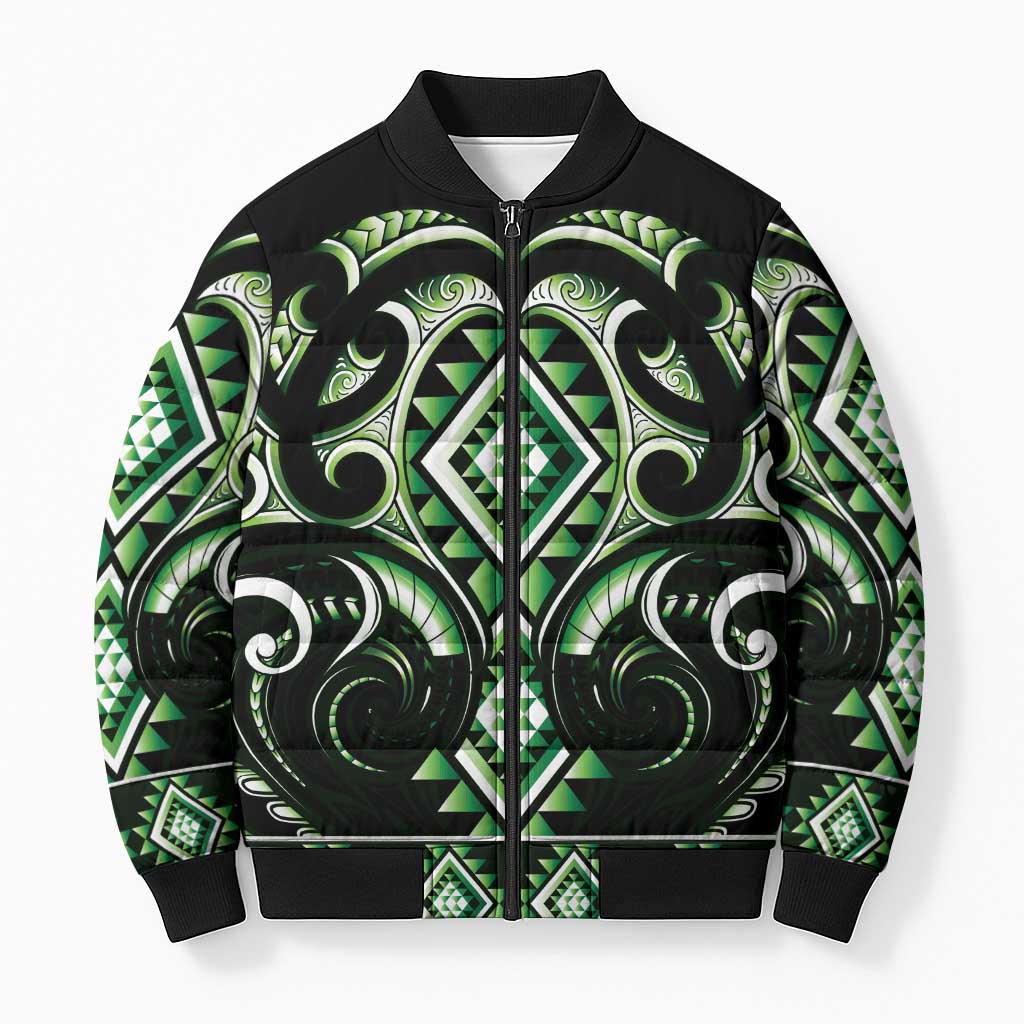 Green Ngaru Taniko With Aotearoa Maori Tattoo Bomber Puffer Jacket - Polynesian Pride
