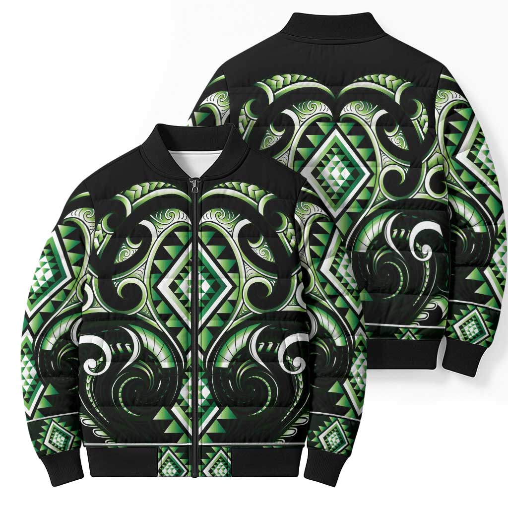 Green Ngaru Taniko With Aotearoa Maori Tattoo Bomber Puffer Jacket - Polynesian Pride