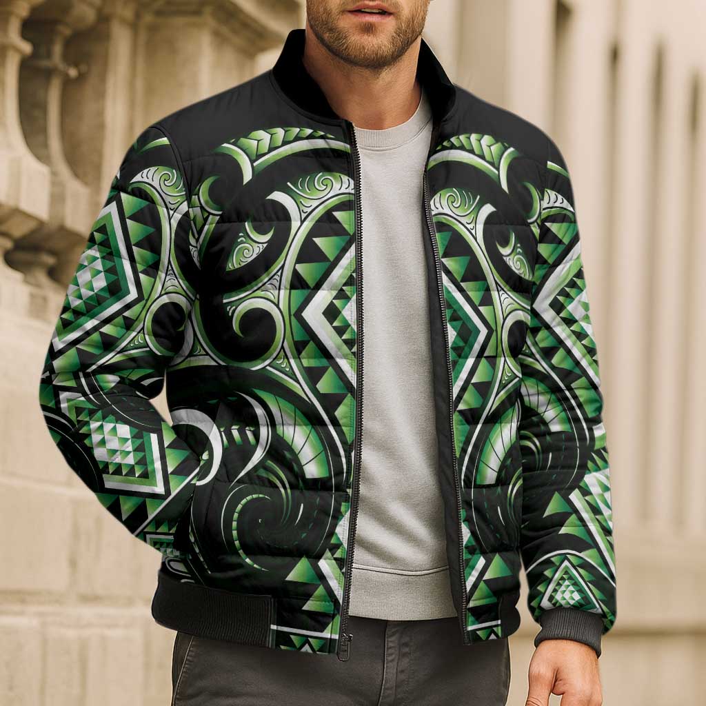 Green Ngaru Taniko With Aotearoa Maori Tattoo Bomber Puffer Jacket - Polynesian Pride