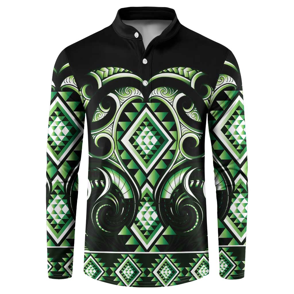 Green Ngaru Taniko With Aotearoa Maori Tattoo Button Sweatshirt LT14 Green - Polynesian Pride