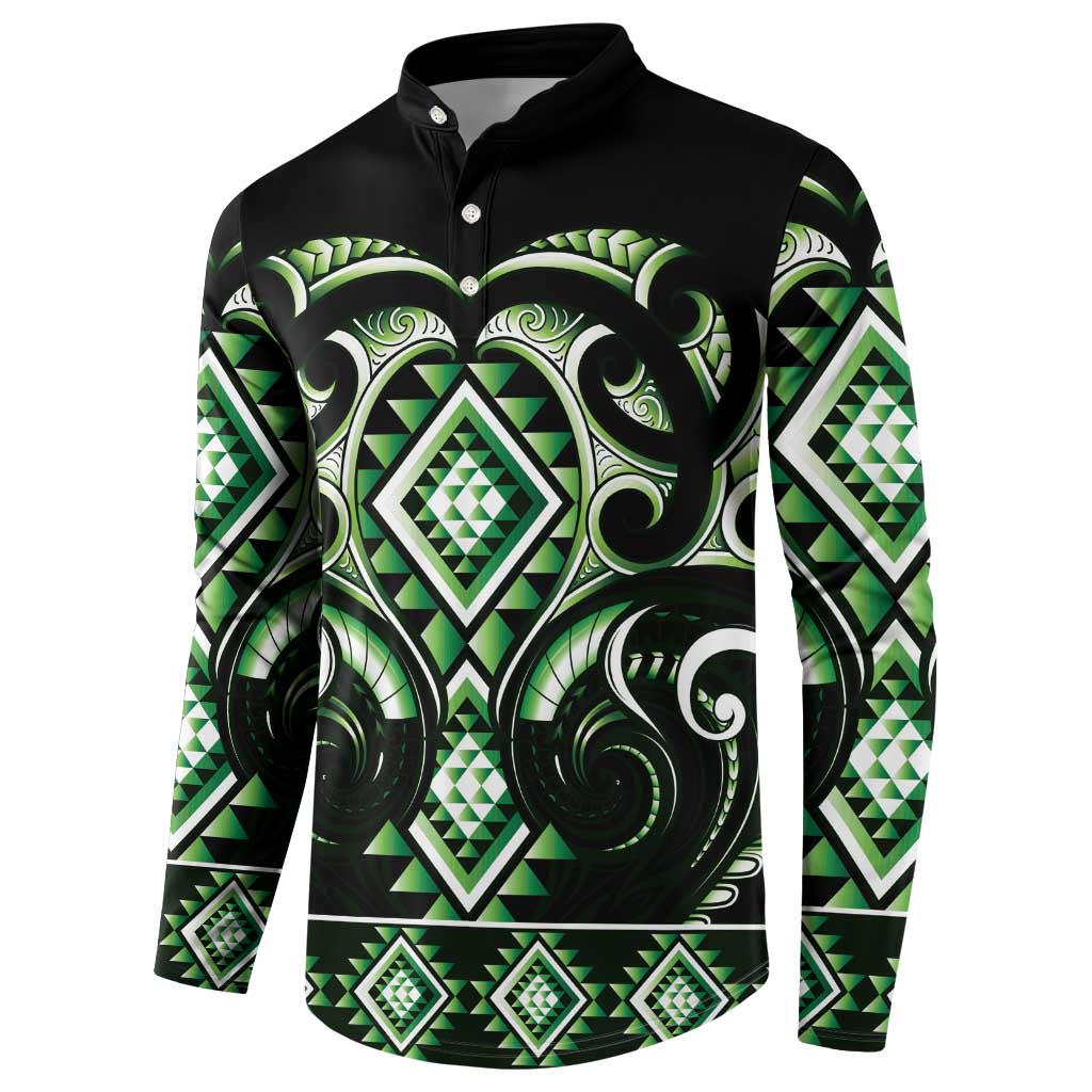Green Ngaru Taniko With Aotearoa Maori Tattoo Button Sweatshirt LT14 - Polynesian Pride