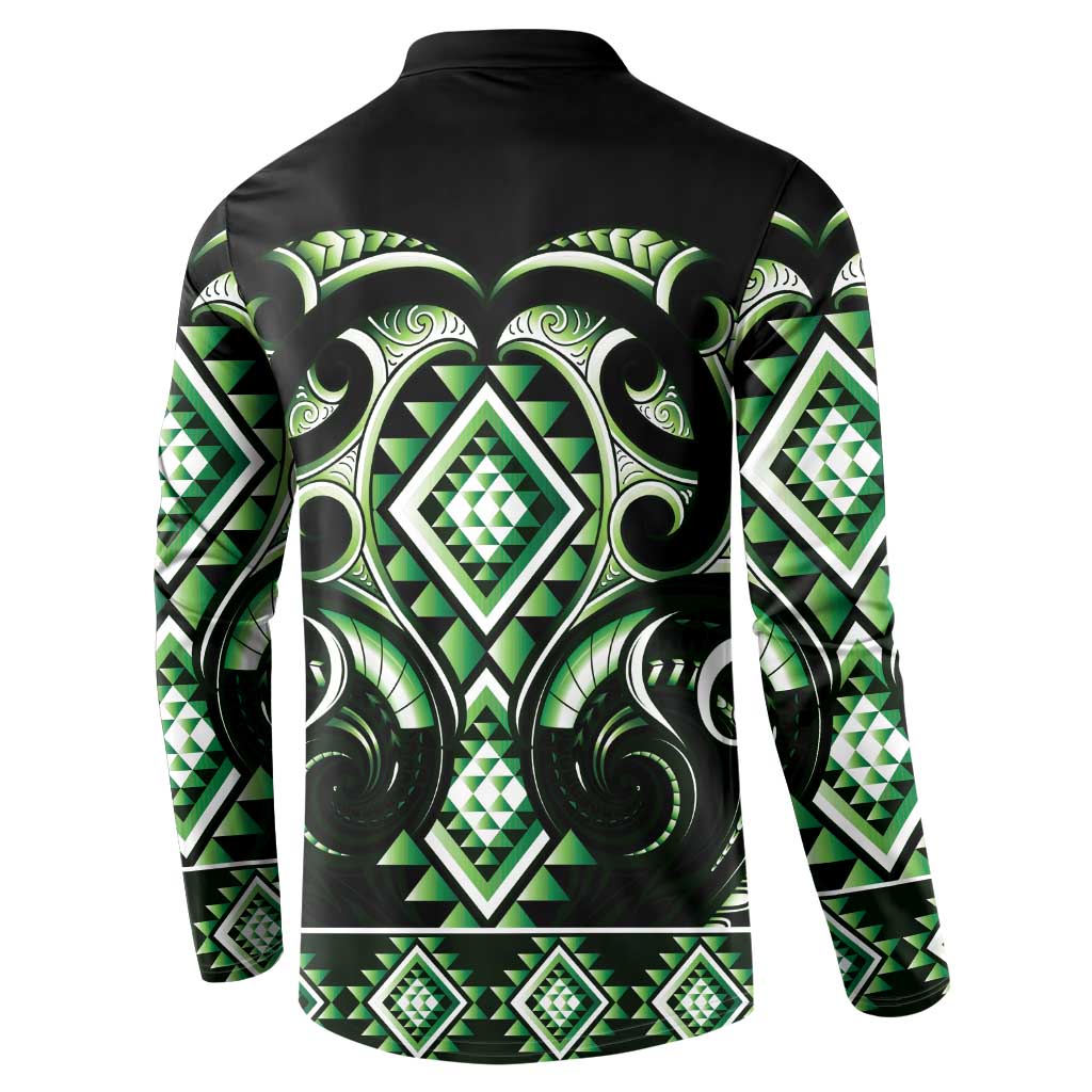 Green Ngaru Taniko With Aotearoa Maori Tattoo Button Sweatshirt LT14 - Polynesian Pride