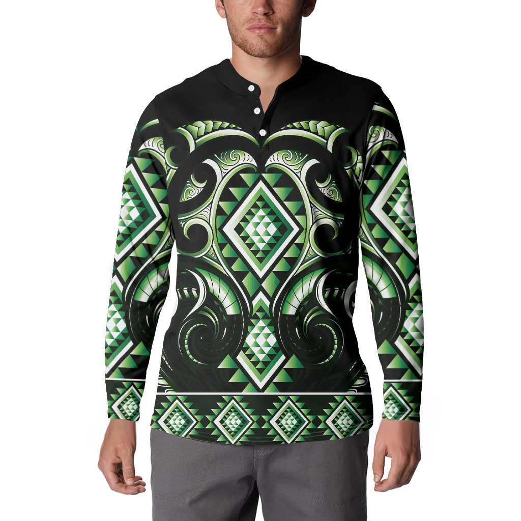 Green Ngaru Taniko With Aotearoa Maori Tattoo Button Sweatshirt LT14 - Polynesian Pride