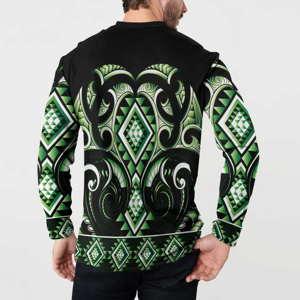 Green Ngaru Taniko With Aotearoa Maori Tattoo Button Sweatshirt LT14 - Polynesian Pride