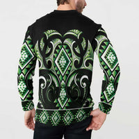 Green Ngaru Taniko With Aotearoa Maori Tattoo Button Sweatshirt LT14 - Polynesian Pride
