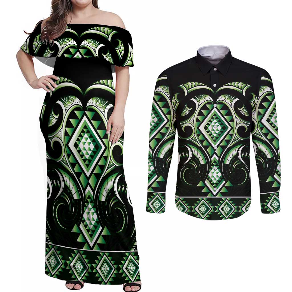 Green Ngaru Taniko With Aotearoa Maori Tattoo Couples Matching Off Shoulder Maxi Dress and Long Sleeve Button Shirt
