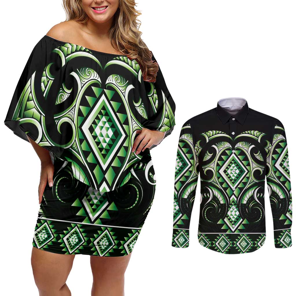 Green Ngaru Taniko With Aotearoa Maori Tattoo Couples Matching Off Shoulder Short Dress and Long Sleeve Button Shirt
