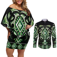Green Ngaru Taniko With Aotearoa Maori Tattoo Couples Matching Off Shoulder Short Dress and Long Sleeve Button Shirt