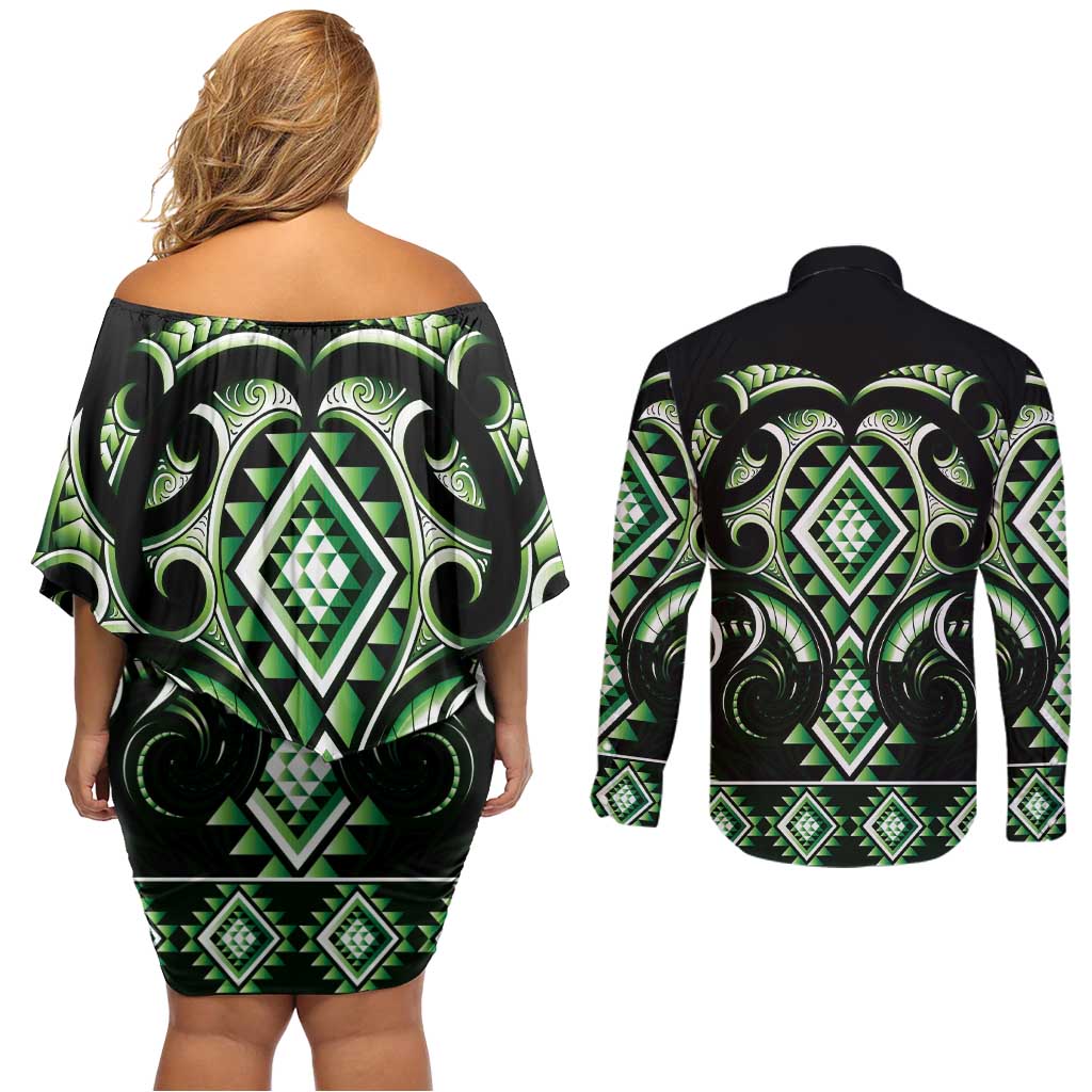 Green Ngaru Taniko With Aotearoa Maori Tattoo Couples Matching Off Shoulder Short Dress and Long Sleeve Button Shirt