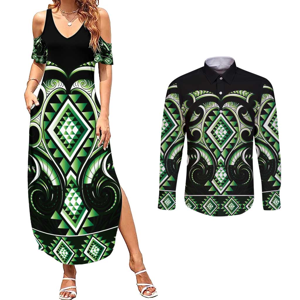 Green Ngaru Taniko With Aotearoa Maori Tattoo Couples Matching Summer Maxi Dress and Long Sleeve Button Shirt