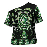 Green Ngaru Taniko With Aotearoa Maori Tattoo Cross Shoulder Shirt - Polynesian Pride
