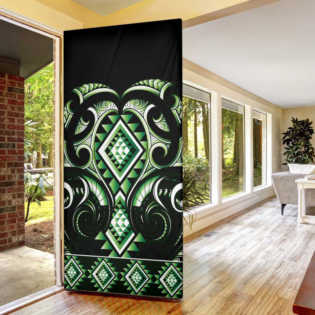 Green Ngaru Taniko With Aotearoa Maori Tattoo Door Cover - Polynesian Pride