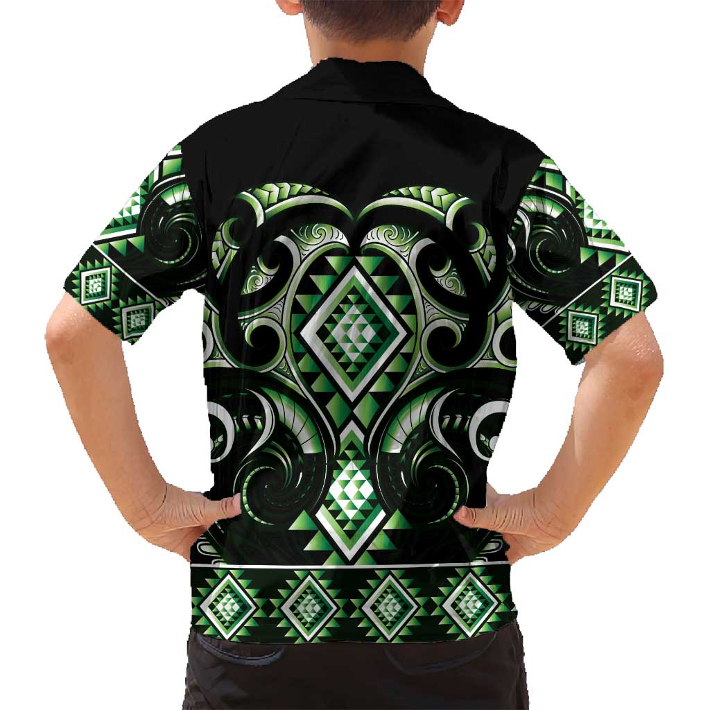 Green Ngaru Taniko With Aotearoa Maori Tattoo Family Matching Long Sleeve Bodycon Dress and Hawaiian Shirt