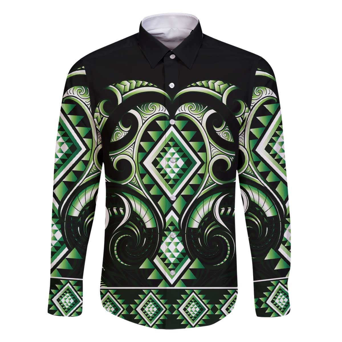 Green Ngaru Taniko With Aotearoa Maori Tattoo Family Matching Off The Shoulder Long Sleeve Dress and Hawaiian Shirt
