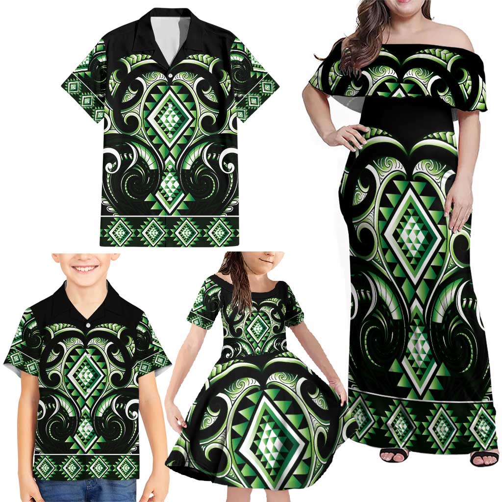 Green Ngaru Taniko With Aotearoa Maori Tattoo Family Matching Off Shoulder Maxi Dress and Hawaiian Shirt