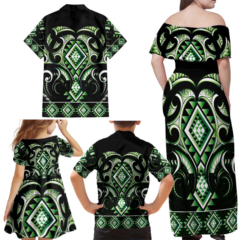 Green Ngaru Taniko With Aotearoa Maori Tattoo Family Matching Off Shoulder Maxi Dress and Hawaiian Shirt