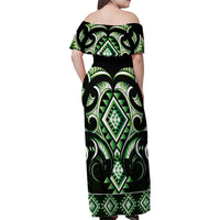 Green Ngaru Taniko With Aotearoa Maori Tattoo Family Matching Off Shoulder Maxi Dress and Hawaiian Shirt