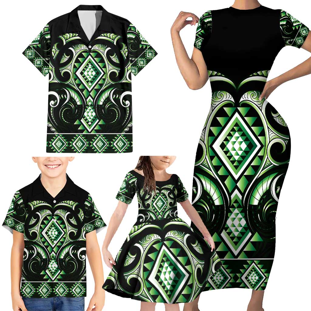Green Ngaru Taniko With Aotearoa Maori Tattoo Family Matching Short Sleeve Bodycon Dress and Hawaiian Shirt LT14 - Polynesian Pride