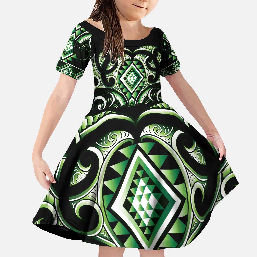 Green Ngaru Taniko With Aotearoa Maori Tattoo Family Matching Tank Maxi Dress and Hawaiian Shirt LT14 Daughter's Dress Green - Polynesian Pride
