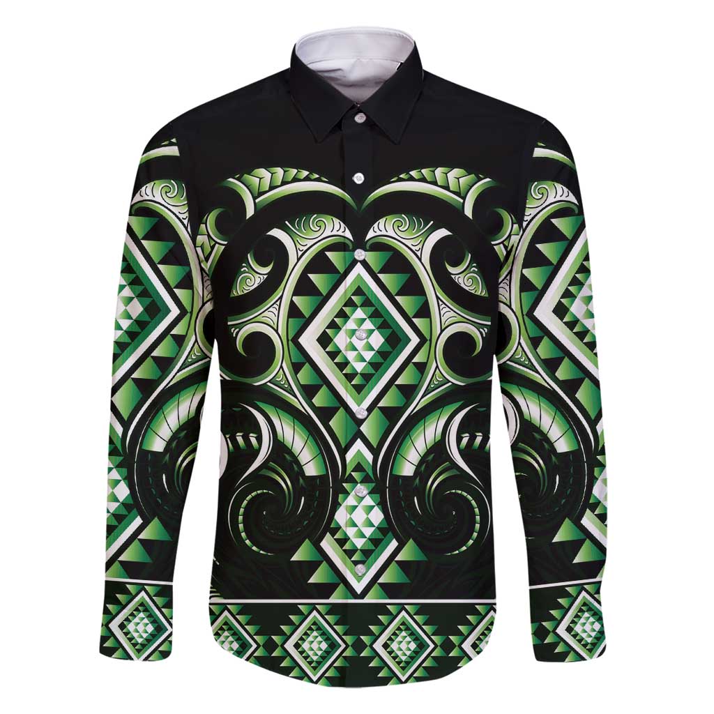 Green Ngaru Taniko With Aotearoa Maori Tattoo Family Matching Tank Maxi Dress and Hawaiian Shirt LT14 Dad's Shirt - Long Sleeve Green - Polynesian Pride