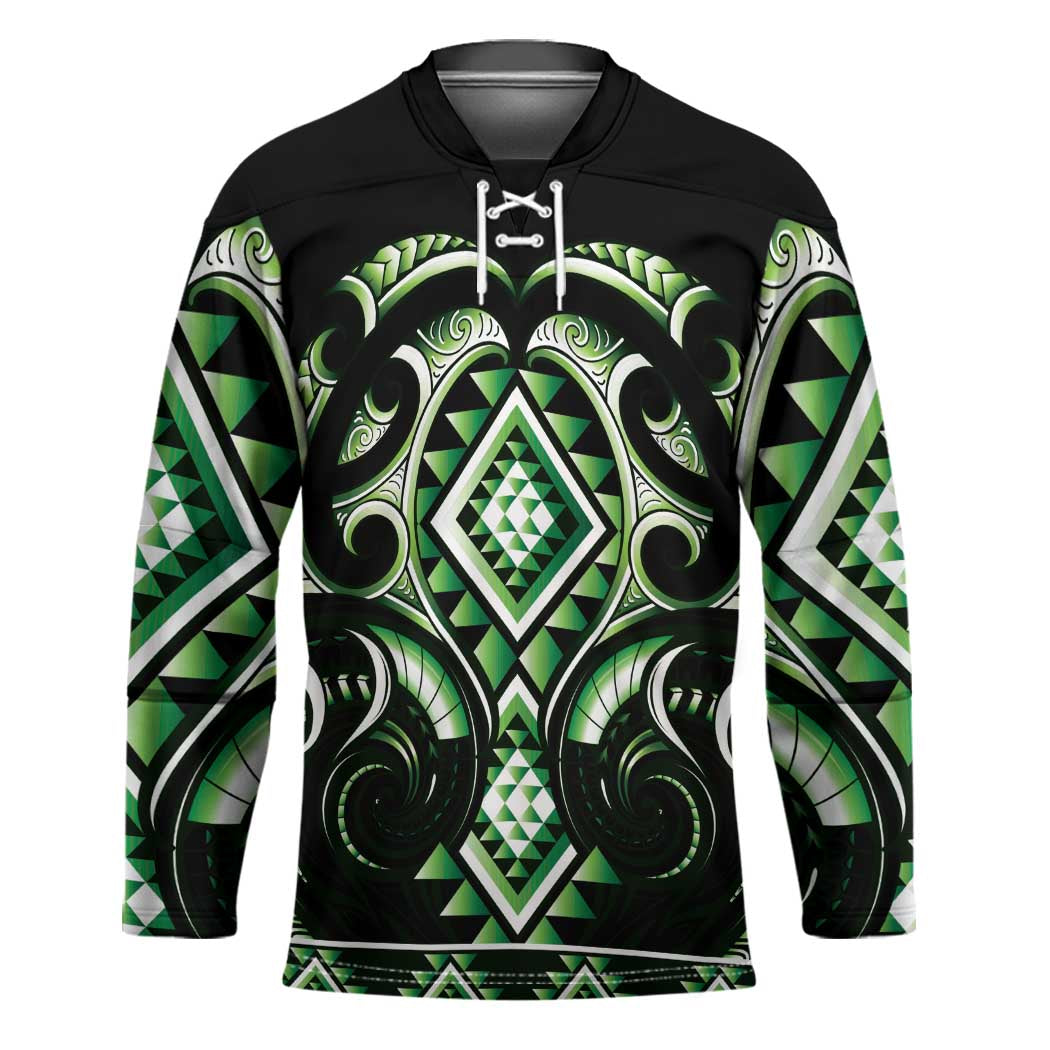 Green Ngaru Taniko With Aotearoa Maori Tattoo Hockey Jersey - Polynesian Pride