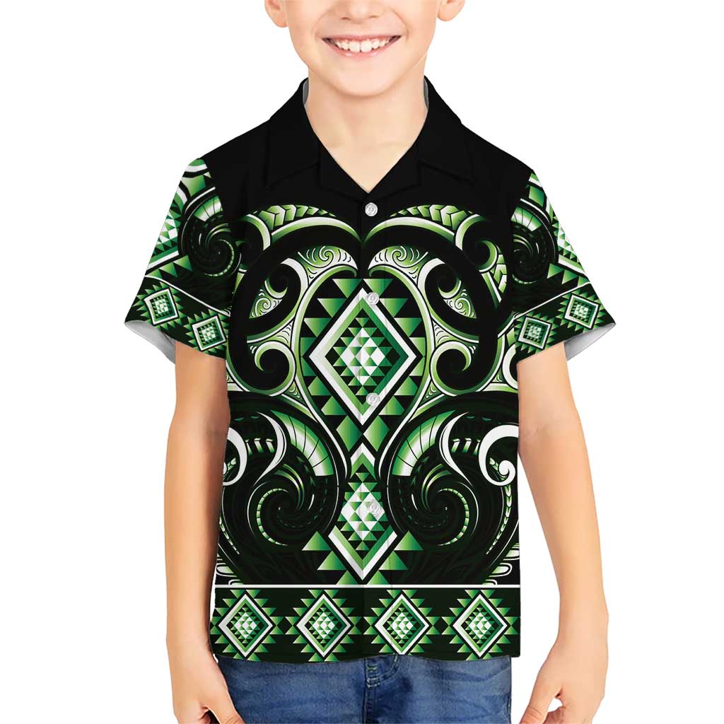 Green Ngaru Taniko With Aotearoa Maori Tattoo Kid Hawaiian Shirt LT14 Kid Green - Polynesian Pride