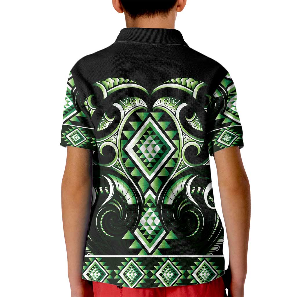 Green Ngaru Taniko With Aotearoa Maori Tattoo Kid Polo Shirt LT14 - Polynesian Pride